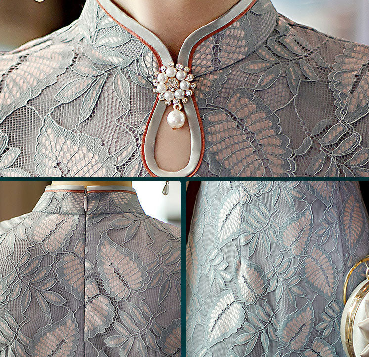 Gray Floral Lace A-Line Cheongsam Qi Pao Dress