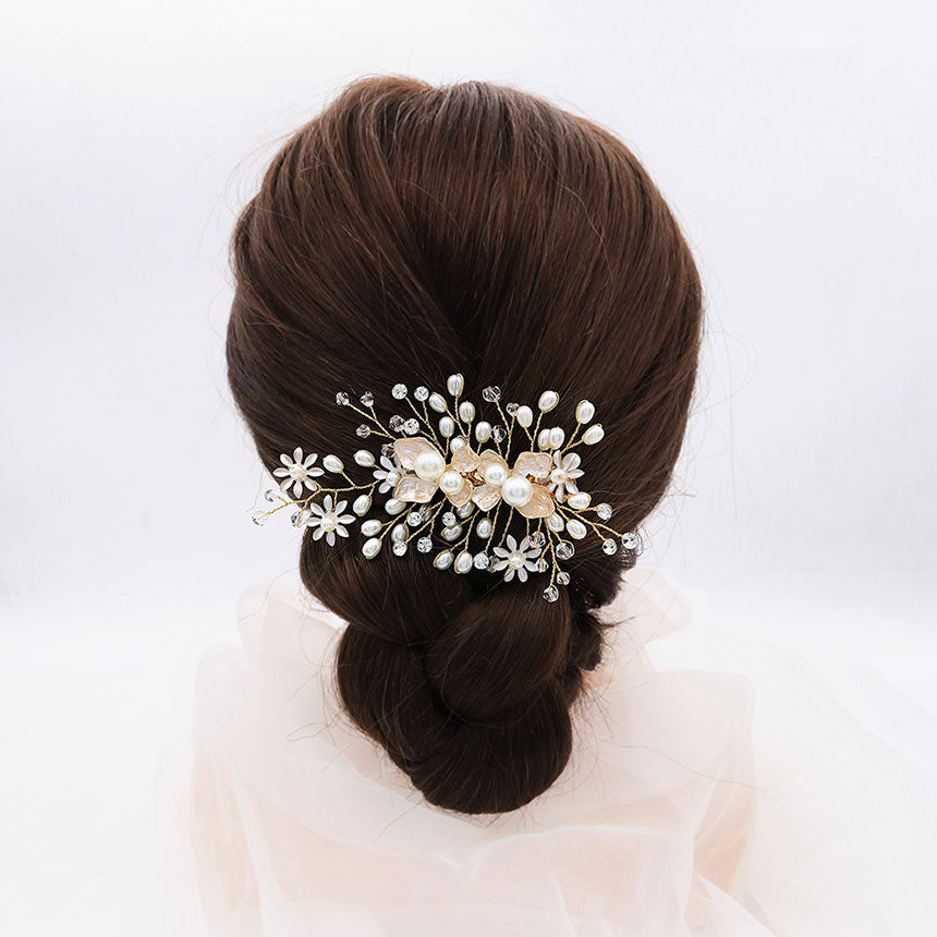 Gold Rhinestone Pearls Flower Bride Wedding Side Hair Clip