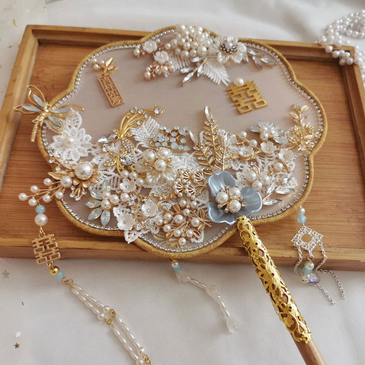  Vintage Pearl Floral Bride Hand Held Hexapetala Fans