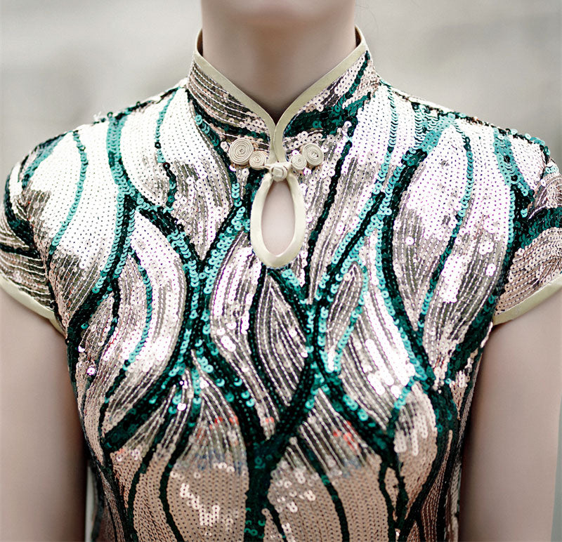 Stripe Sequined Cheongsam Qipao Evening Dress With Tassels Hem