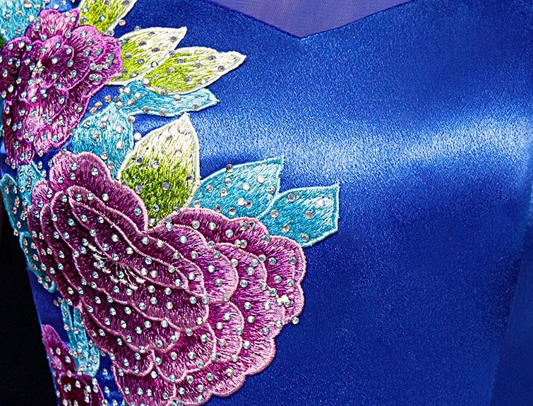 Purple Blue Embroidered Fishtail Qipao / Cheongsam Evening Dress