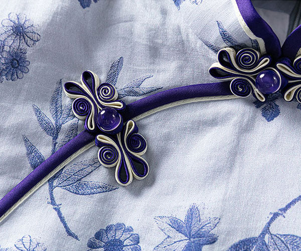 Blue Floral Linen Midi Cheongsam Qi Pao Dress