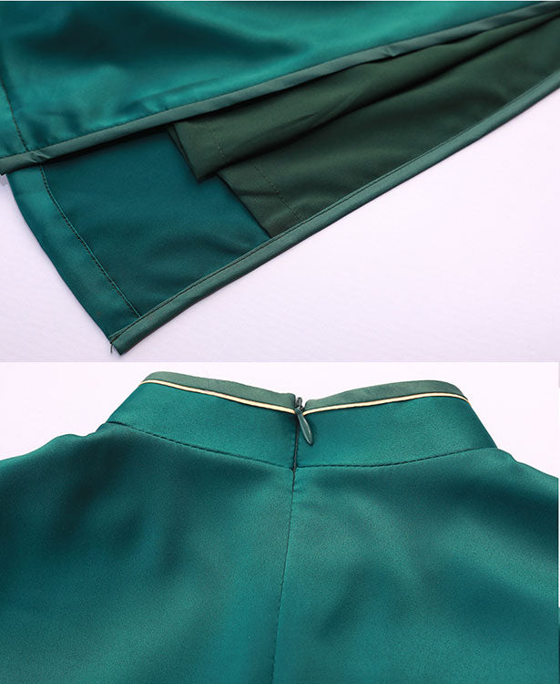 Green Silk Tea-Length Qipao / Cheongsam Party Dress