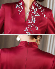 Burgundy Mothers Embroidered V-Neck Cheongsam Qi Pao Dress