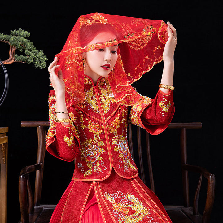 Red Phoenix Chinese Wedding Bridal Mesh Veil