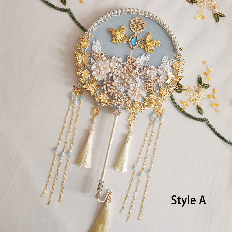 Blue Vintage Pearl Floral Tassels Bride Hand Held Fans
