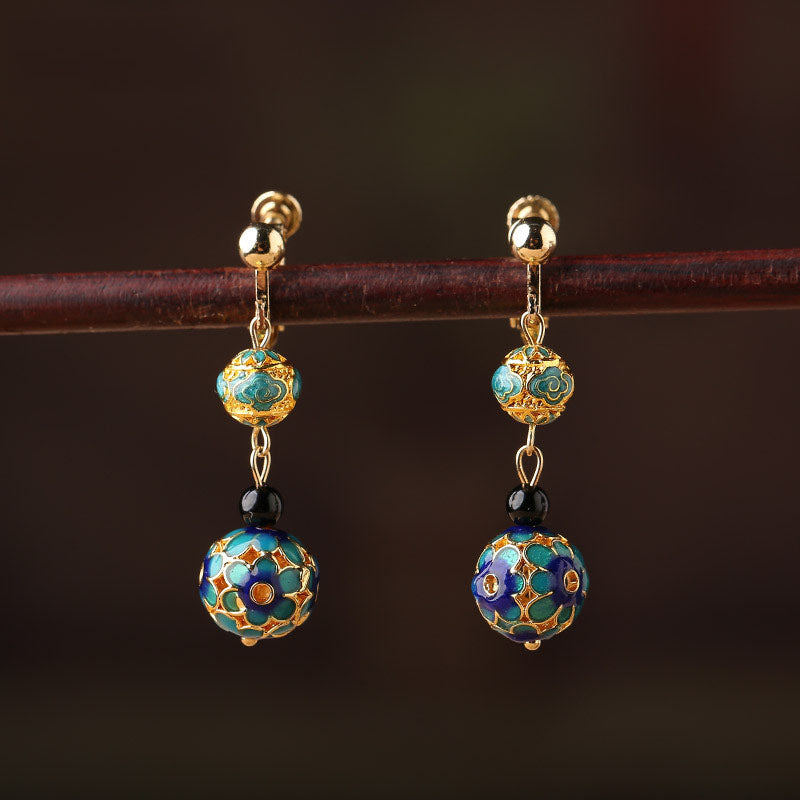 Agate Cloisonne Drop Dangle Hook Clip On Earrings