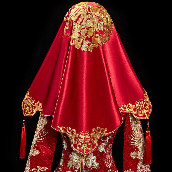 Red Vintage Embroidered Floral Chinese Wedding Bride Veil