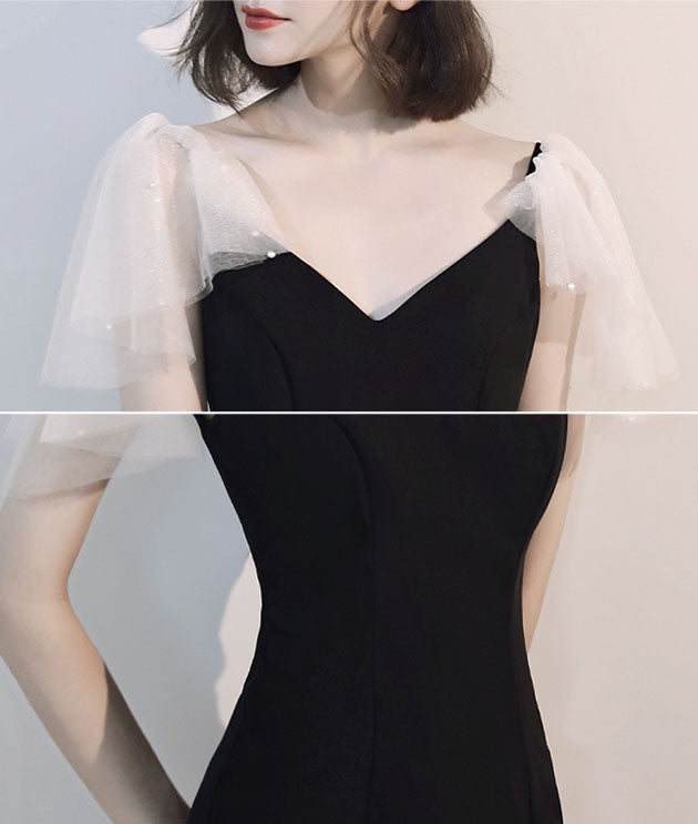 Black V-Neck Slit Bodycon Dress with Ruffle Sleeve