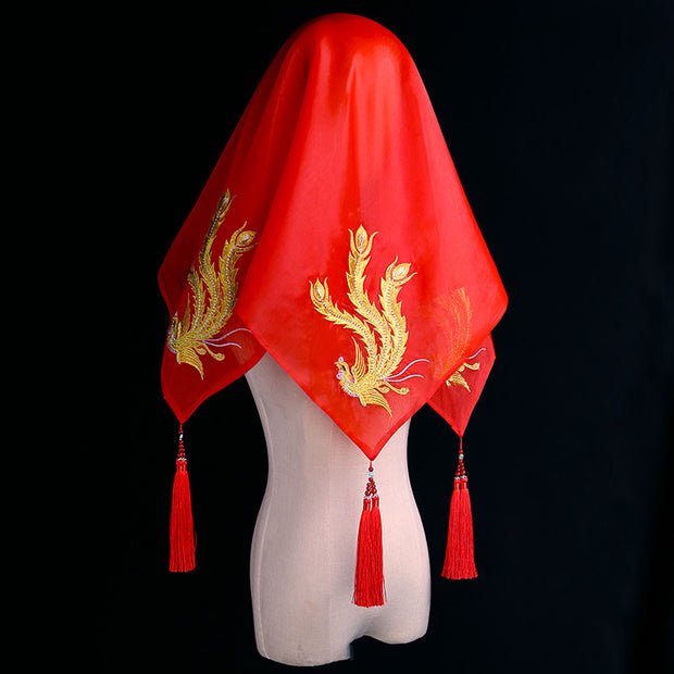 Red Vintage Embroidered Phoenix Chinese Wedding Bridal Veil