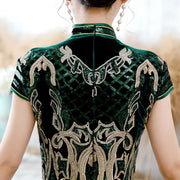Green Sequined Velvet Full Qi Pao Cheongsam Dress