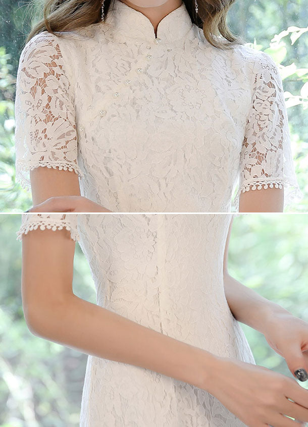 White Lace Split A-line Maxi Cheongsam Qipao Wedding Gown