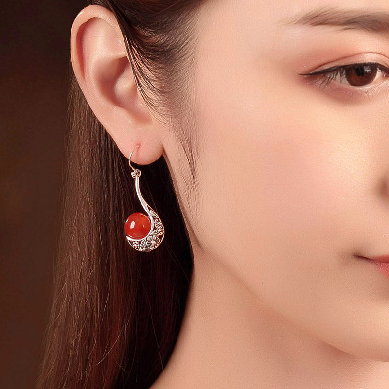 Pierced Clip On Red Agate Dangle Drop Earrings