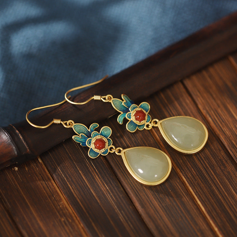 Vintage Silver Agate Jade Drop Dangle Earrings