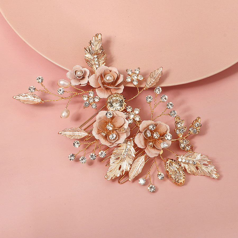 Gold Rhinestone Flower Leaf Bride Wedding Hair Comb