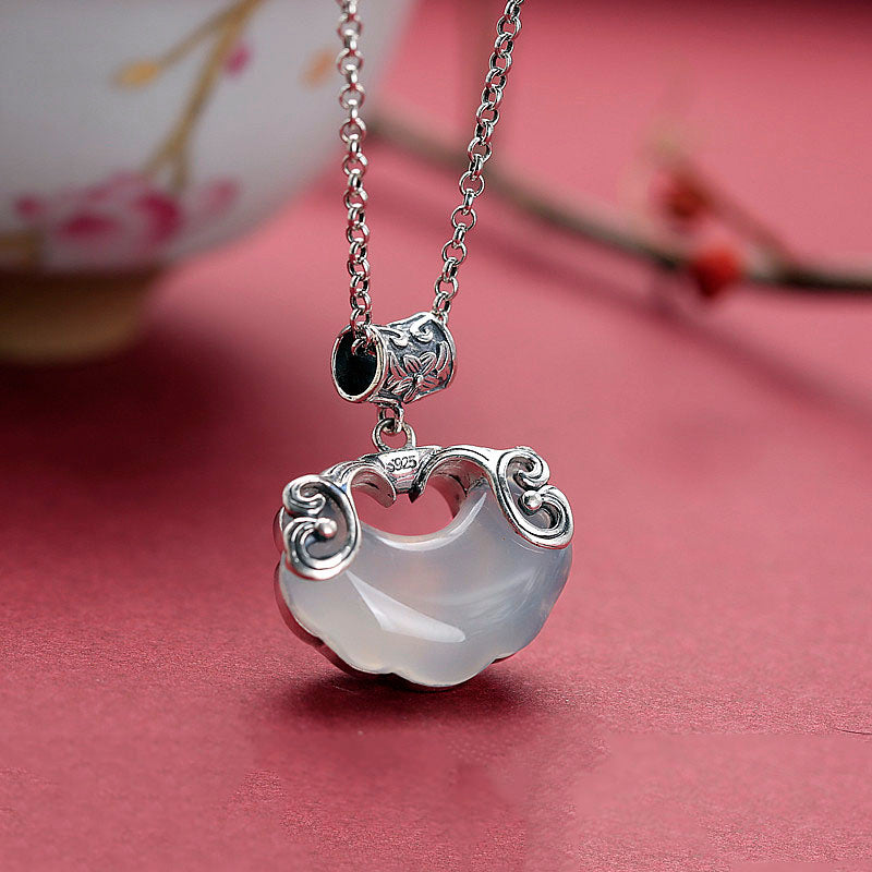 Silver Jade Longeval Lock Beads Pendant Necklace