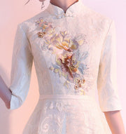 Ivory Embroidered Lace Floor Length Cheongsam Qi Pao Dress