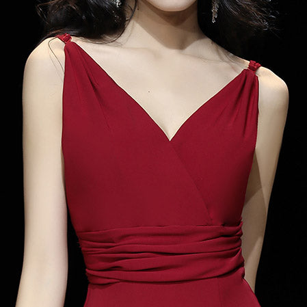 Wine Red V-Neck Slip Thigh Slip Wedding Prom Dress