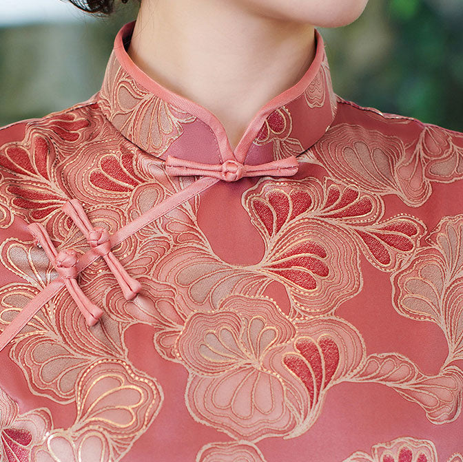 Pink Bronzing Floral Mothers Mid Cheongsam Qi Pao Dress