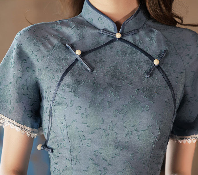 Blue Jacquard Mid Qi Pao Cheongsam Dress