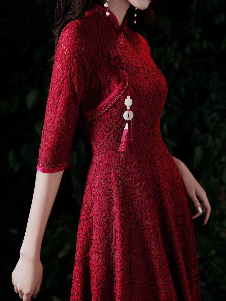 Burgundy Lace A-Line Maxi Qipao / Cheongsam Wedding Dress