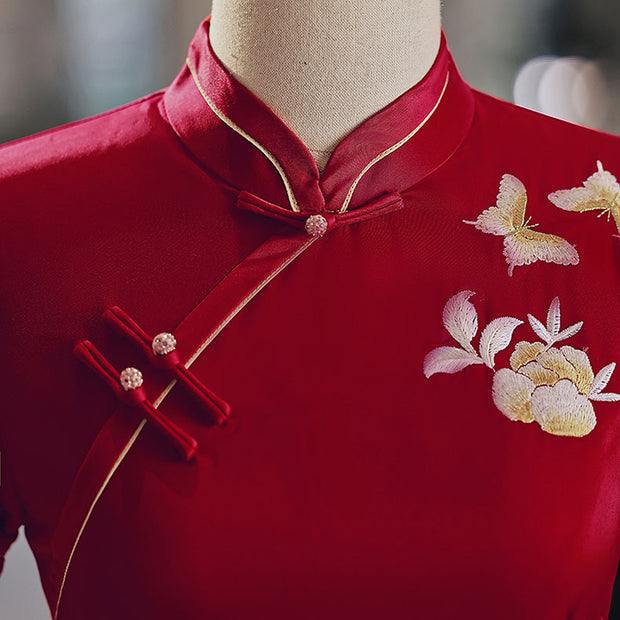Bridal Mothers Red Embroidered Mid Qipao Cheongsam Dress