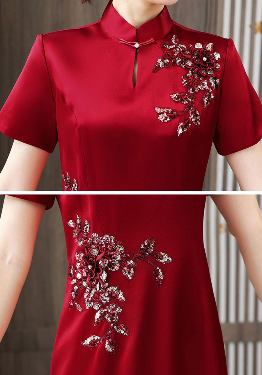 Red Bride Mothers Appliques Mid Wedding Cheongsam Qipao Dress