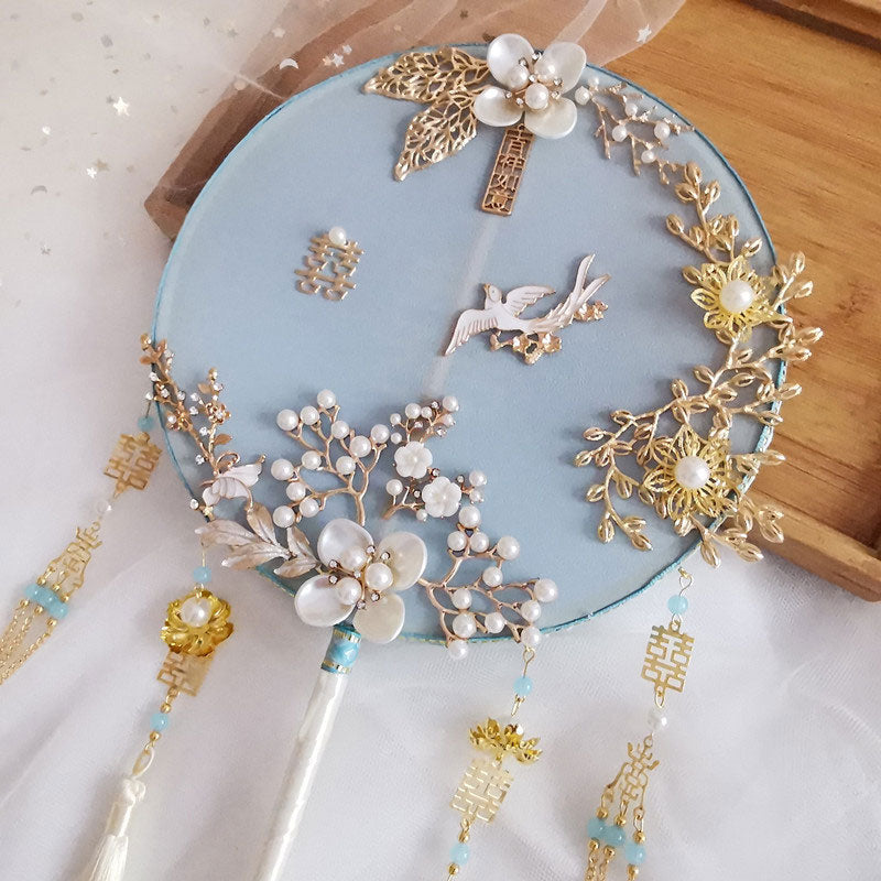 Blue Vintage Pearl Floral Tassels Bride Hand Held Fans