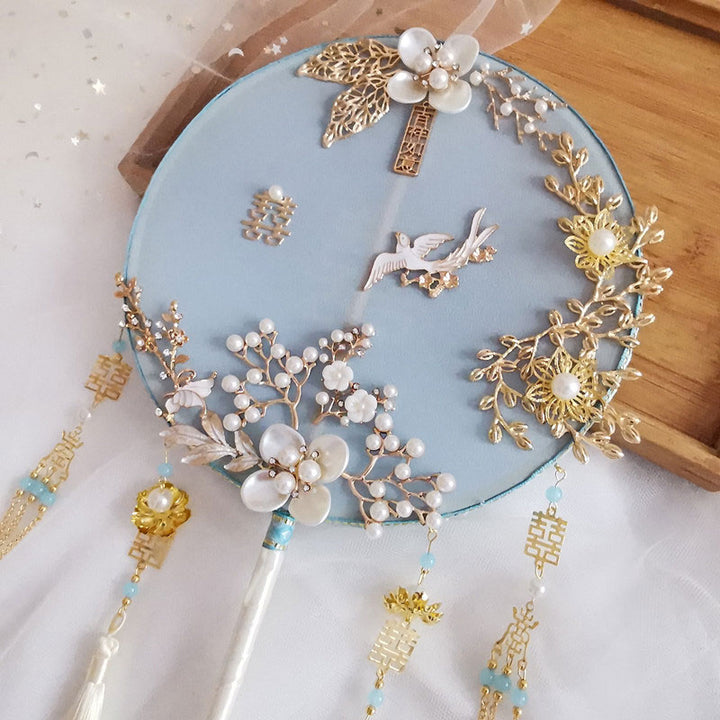 Blue Vintage Pearl Floral Tassels Bride Hand Held Fans