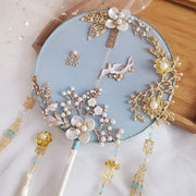 Blue Vintage Pearl Floral Tassels Bride Hand Held Fans