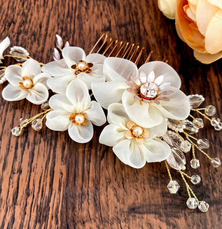 Fabrics Flower Rhinestone Wedding Bride Hair Comb Vine