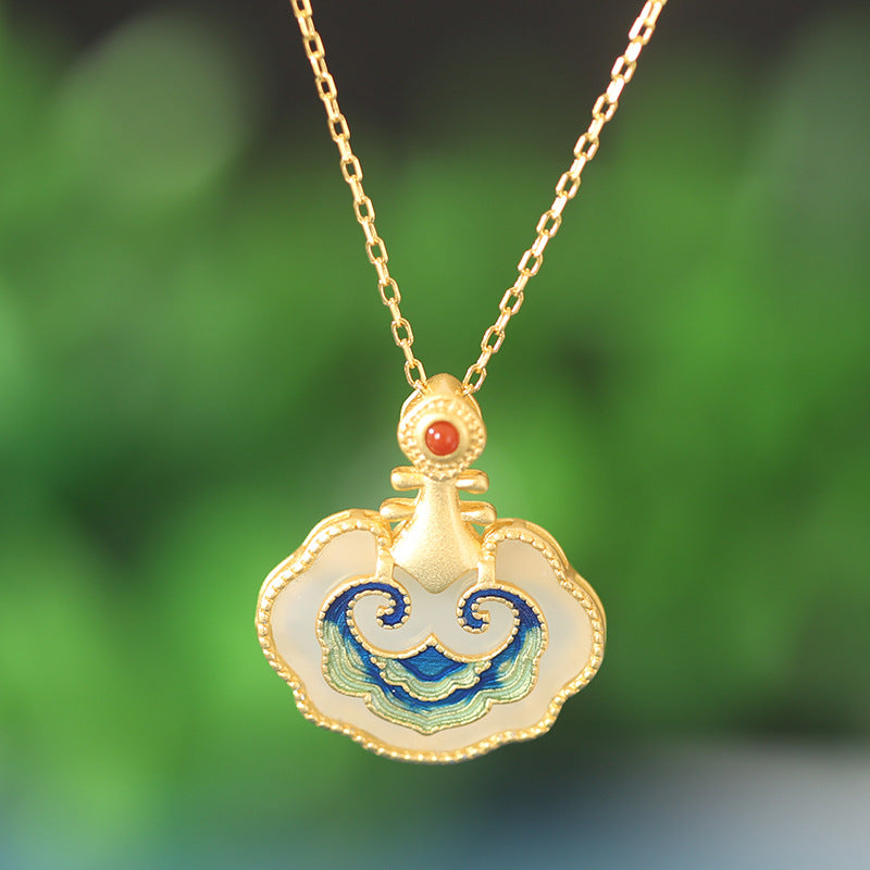 Cloisonne Jade Longeval Lock Pendant Necklace Birthday Christmas Gift
