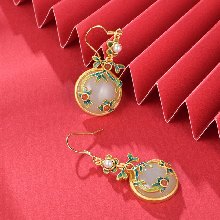 Vintage Colored Enamel Jade Drop Dangle Earrings