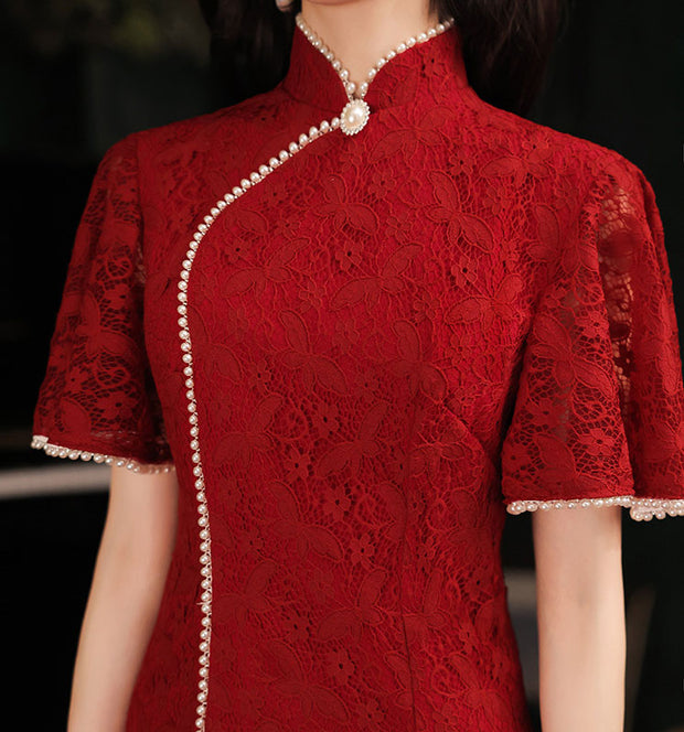 Burgundy Lace Wedding Flutter Sleeve Cheongsam Qi Pao Dress