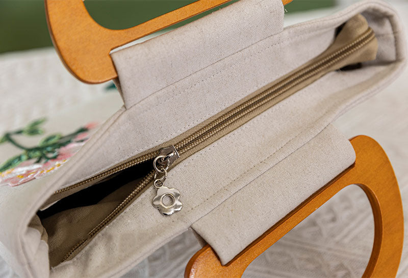 Green Beige Embroidered Linen Wooden Handle Handbag