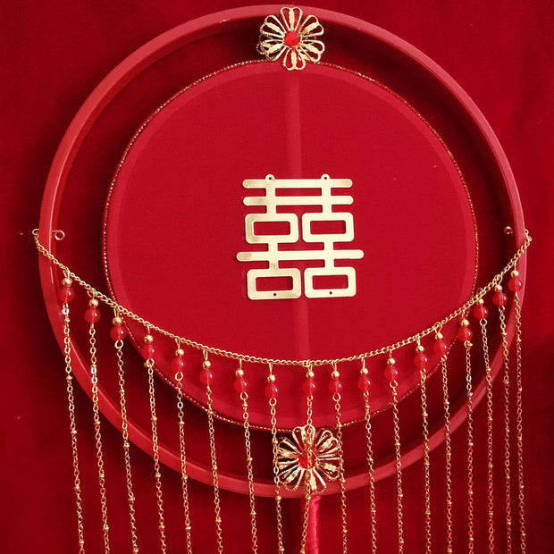 Red Vintage Tassels Bridal Hand Held Xi Fans