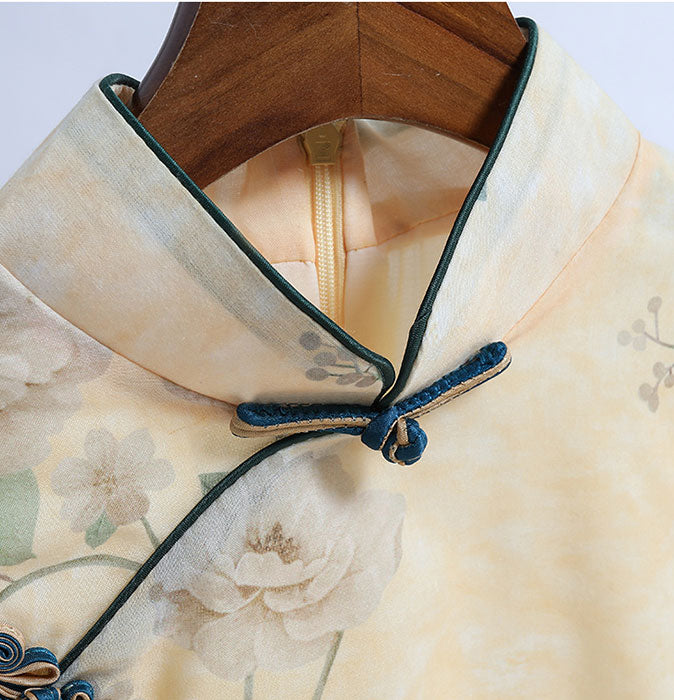 2021 Yellow Floral Cheongsam Qi Pao Dress