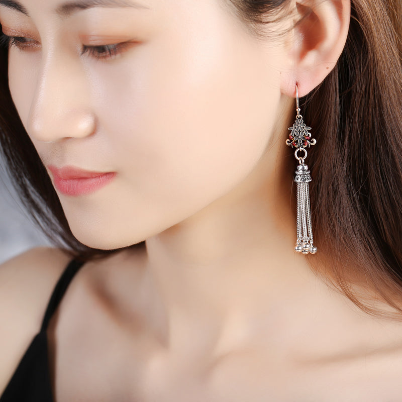 Long Drop Silver Tassel Dangle Clip On Earrings