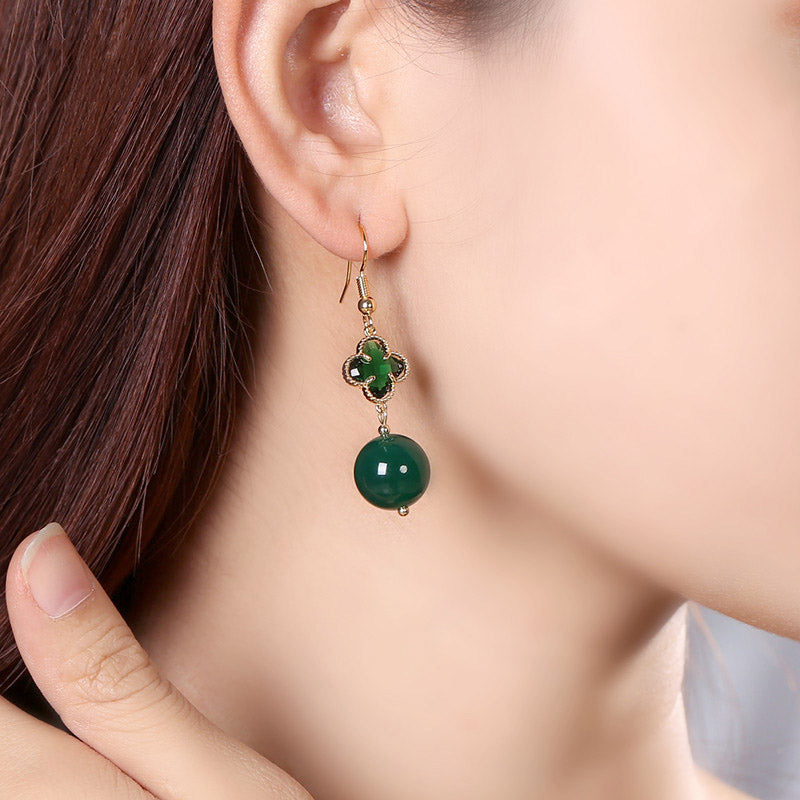 Green Jade Crystal Drop Dangle Clip On Earrings