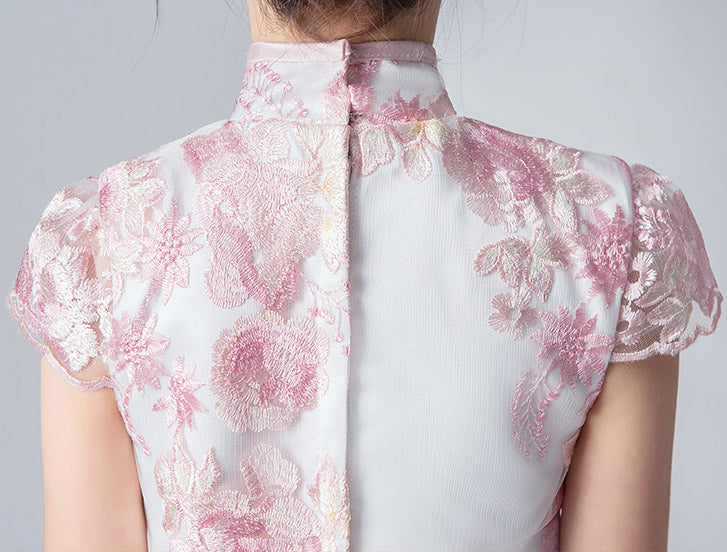 Pink Embroidered Kids Girls Cheongsam / Qipao Dress