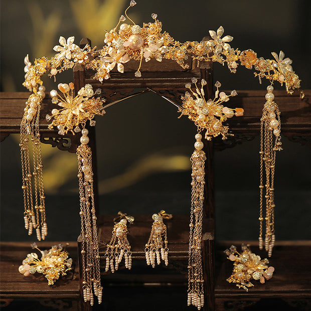 Vintage Gold Tone Bridal Hair Crown Vine Clips & Earring