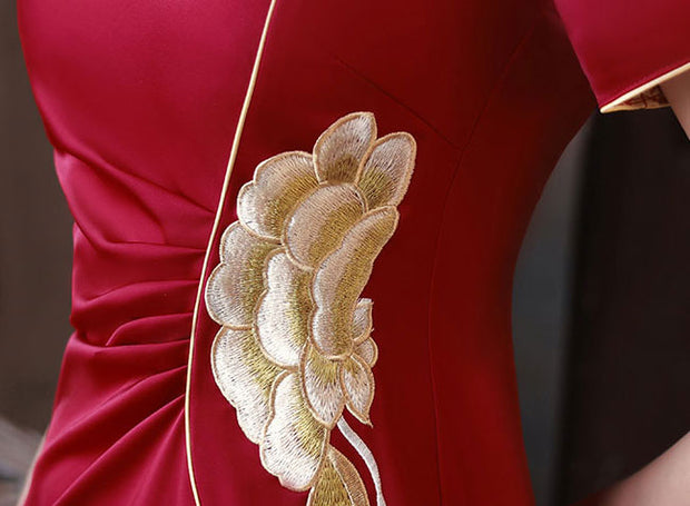 Red Embroidered Thigh Split Wedding Cheongsam Qipao Dress