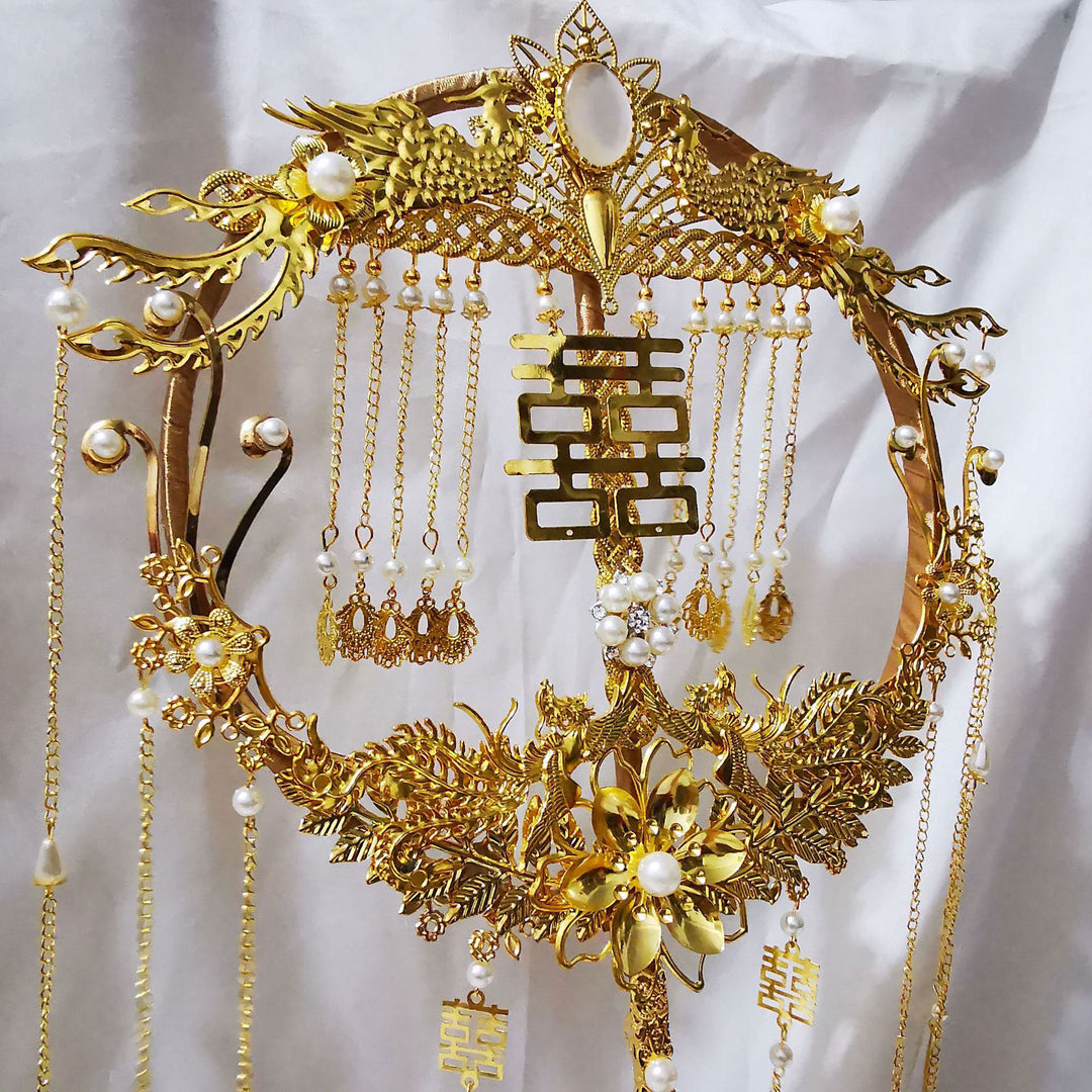 Chinese Vintage Alloy Dragon Phoenix Bride Hand Fans