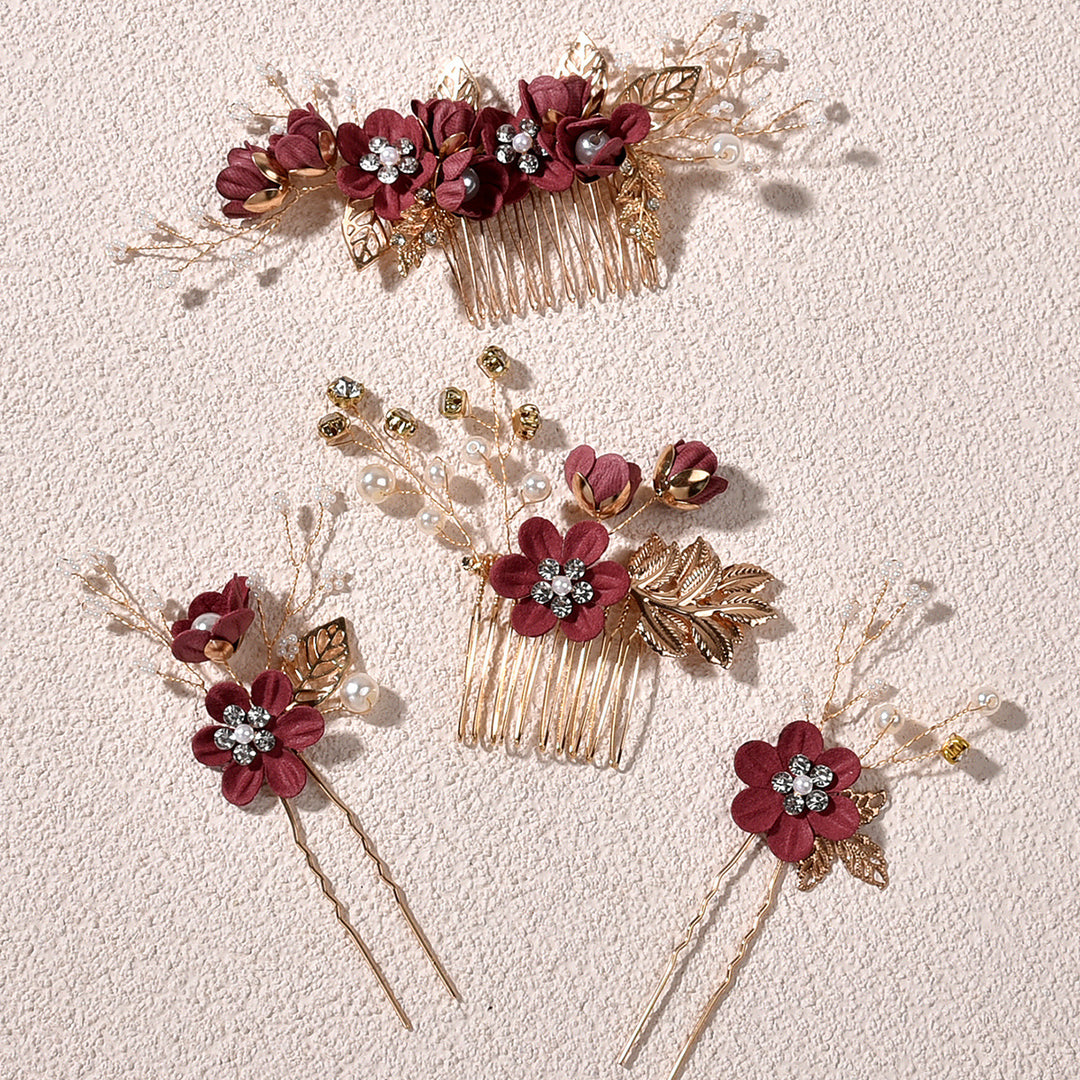 4 Pics Rhinestone Flower Bridesmaids Wedding Hair Combs Pins