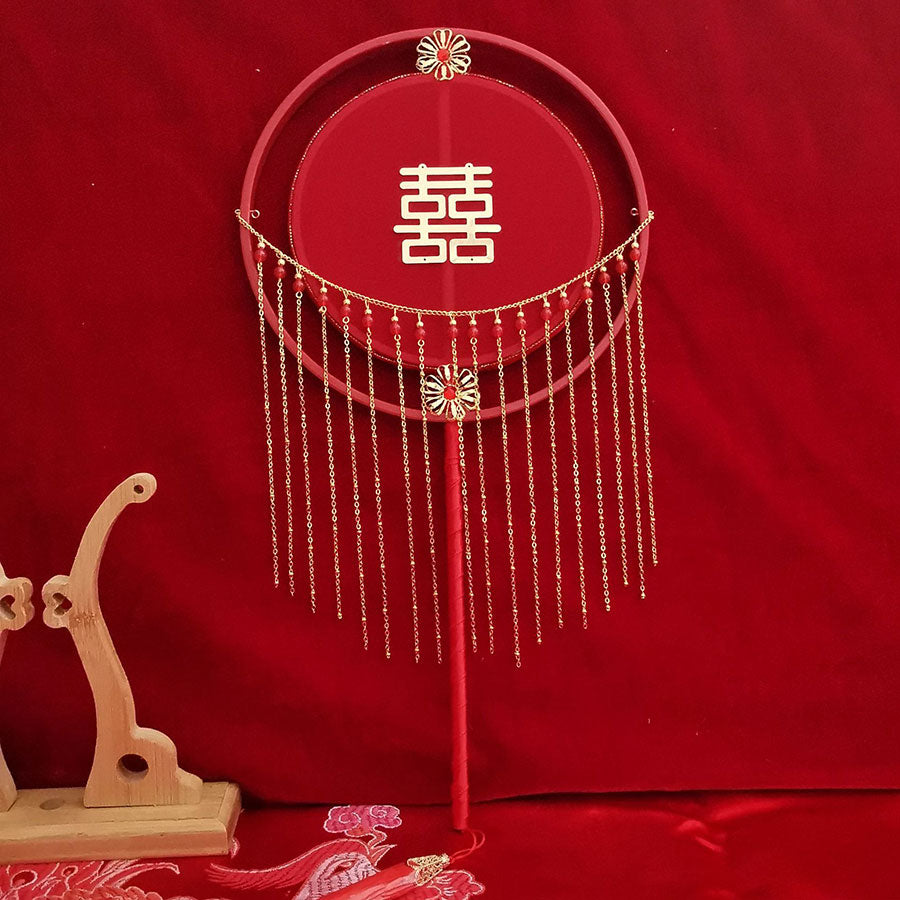 Red Vintage Tassels Bridal Hand Held Xi Fans