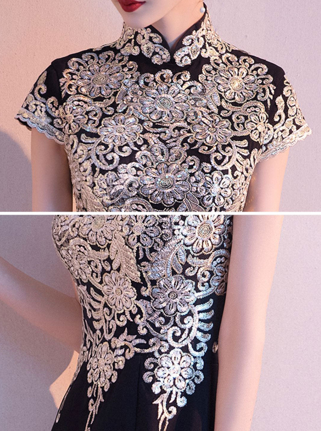 Black Mothers Gold Appliques Mid Fishtail Qipao Cheongsam Dress