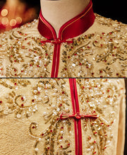 Beaded Champagne Groom Wedding Qun Gua, Jacket & Skirt