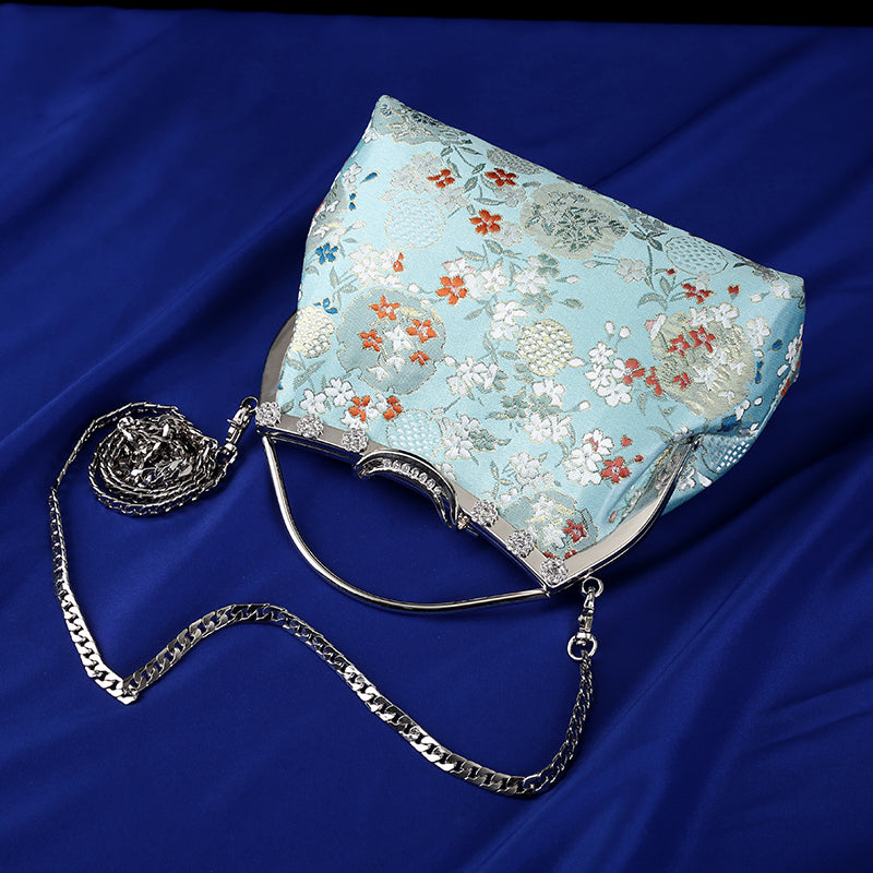 Blue Woven Floral Chain Shoulder Cross Body Handbag