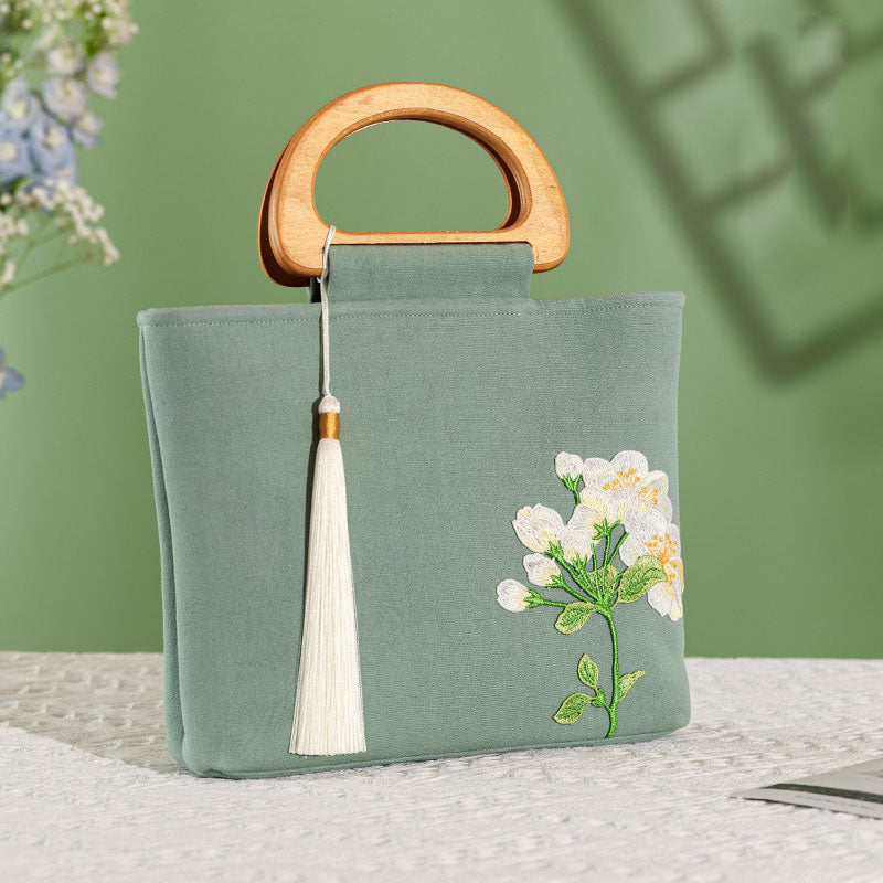 Green Beige Embroidered Linen Wooden Handle Handbag