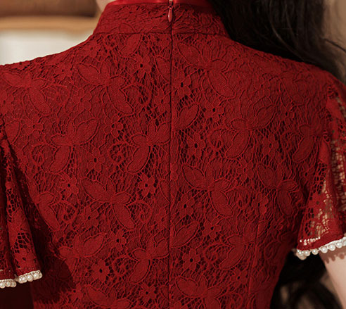 Pearls Embellished Lace Qi Pao Cheongsam Dress with Flutter Sleeve